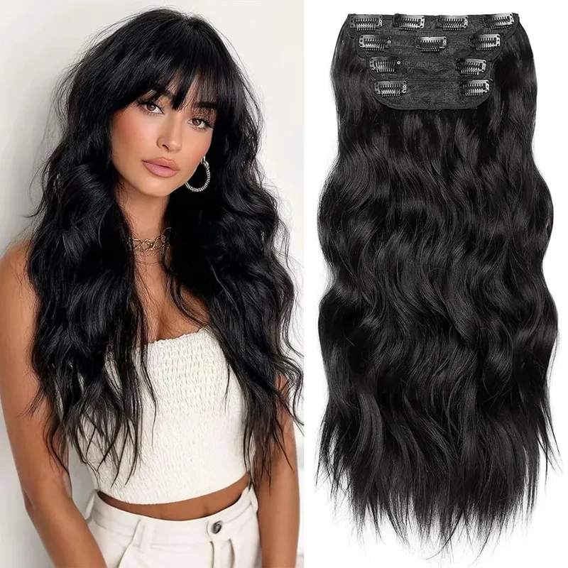 Copper Red Long Wavy Clip in Hair Extensions 20 Inch 4Pcs Double Weft Synthetic Hairpieces Full Head for Women Party Cosplay