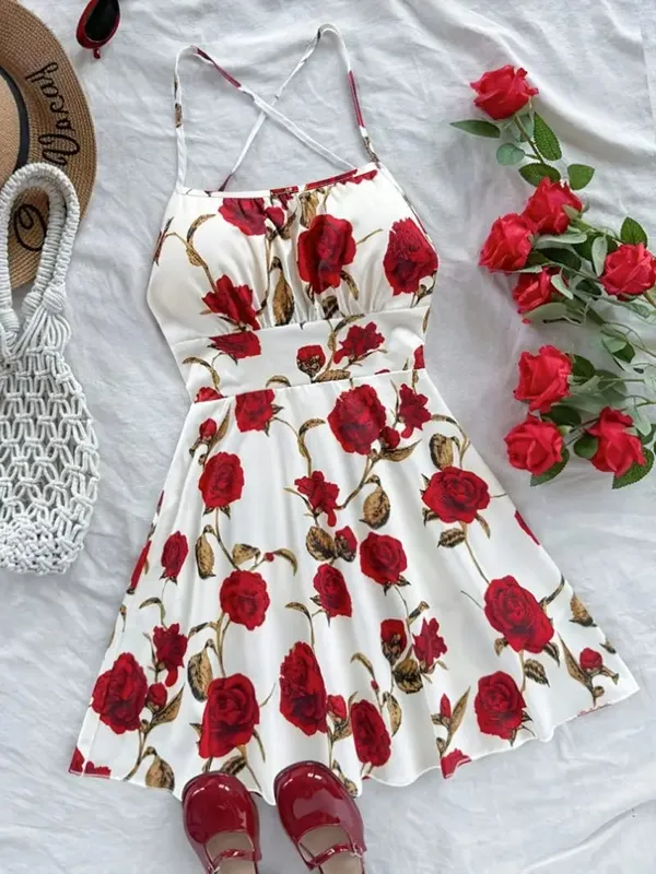 Hanging neck cross thin suspender short dress with waist cinching and big swing creating an atmosphere for women's short skirt