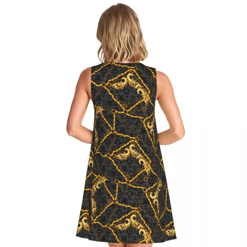 Gold Chain Casual Dress Vintage Print Korean Fashion Dresses Sleeveless Cute Dress Cheap Crew Neck Female Print Clothes