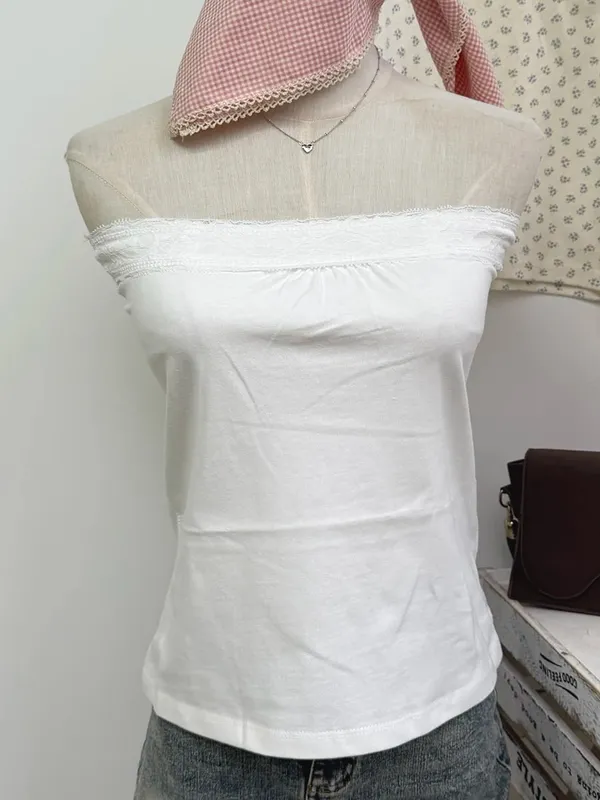 Lace Trim Strapless Tops Women Cotton Soft Slim White Sexy Sleeveless Camisole Sweet Cute Chic Tank Tops Y2K — image 12