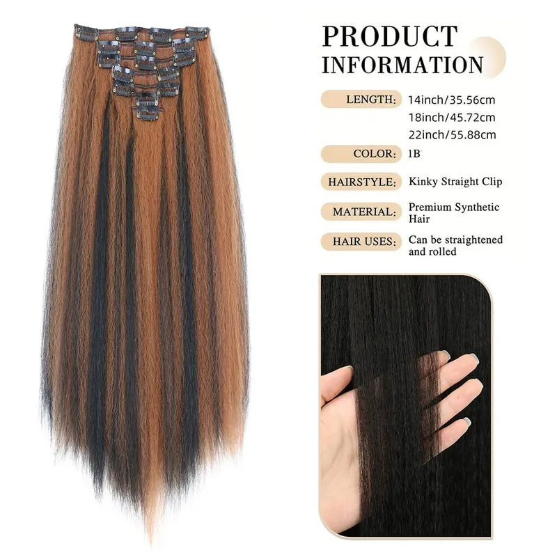14-22icnh Synthetic Yaki Straight Clip In Hair Extensions For Women Black 7Pcs/Set Synthetic Extensions Hairpiece