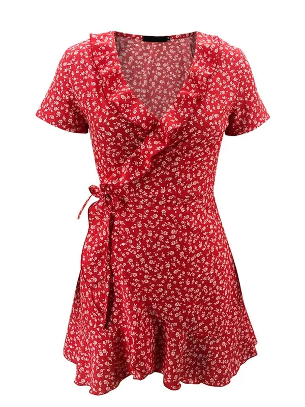Sommar Dam Floal A-Line Klänning Söt Elegant Blommig Volanger V-ringad Bandage Kort Klänning för Lady Chic Flowers Miniklänning