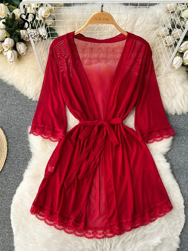 Women Satin Sexy Pajamas Suits 2024 Mesh Long Outwear+Halter Backless Bra+Open Croth Thongs Sheer Lace Nightwear Suits