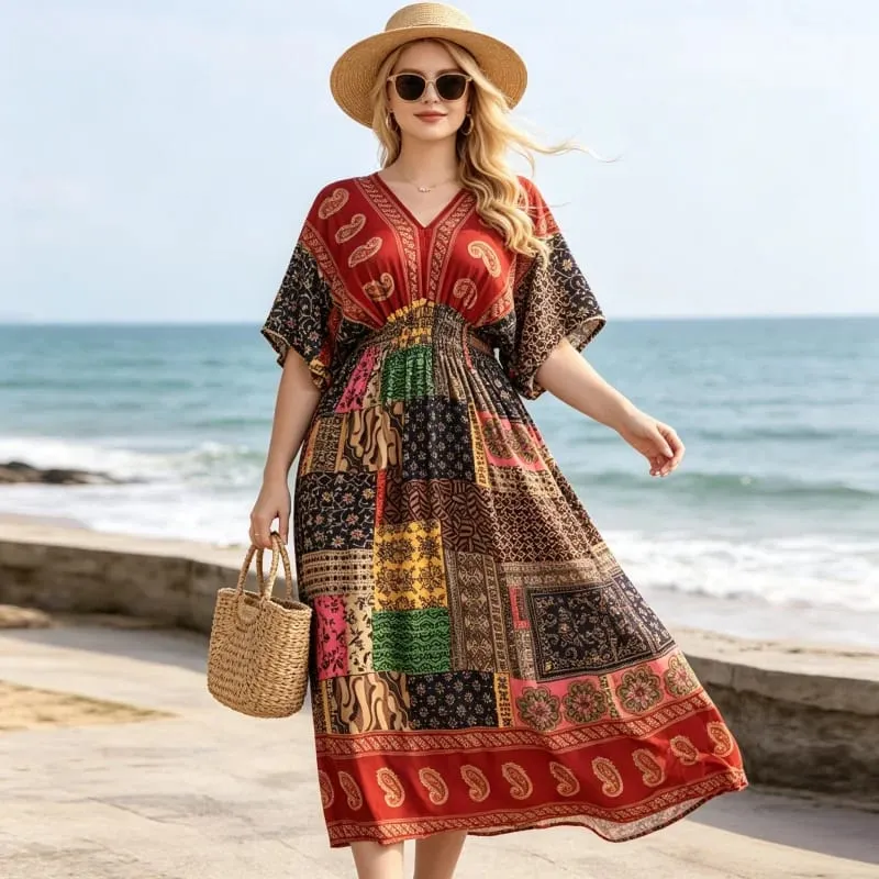Boho Holiday Women V-Neck Batswing Short Sleeve A-Line Midi Dresses Slim Elastic Waist Casual Vintage Office Lady Elegance Dress
