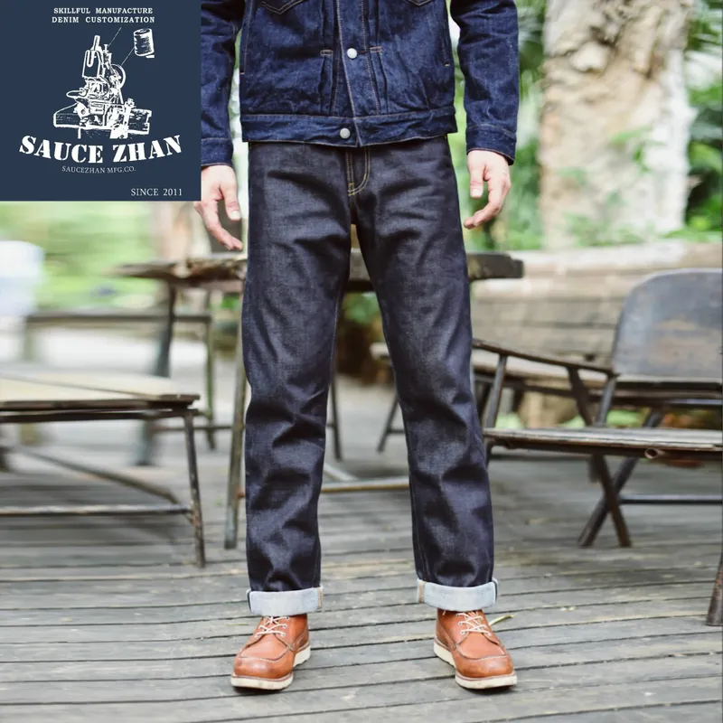 SauceZhan 316XX Casual Selvedge Jeans Raw Denim Jeans Unwashed Selvage Indigo Denim Jeans Straight Mens Jeans
