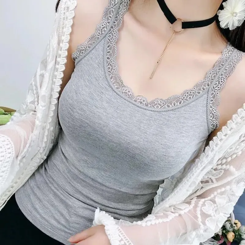 Casual U Neck Summer Tank Tops Sleeveless With Lace Fitted Tops Underwear Loose Cami Top Shirt for Women