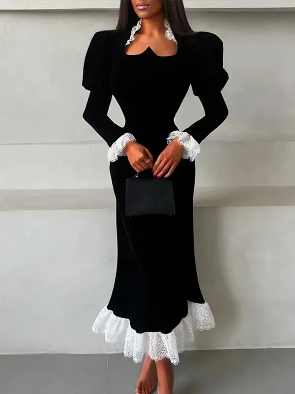 Full Sleeve Lace Patchwork Velvet Maxi Dress Women Elegant Stand Collar Puffed Slim Long Sexy Gowns Lady Evening Dinner Dresses