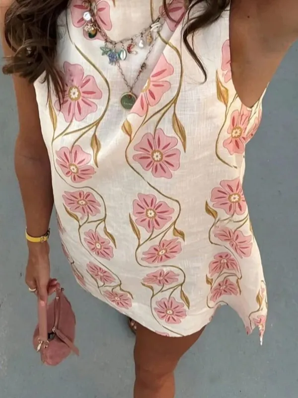 2026 Summer Women O-neck Sleeveless Print Mini Dress Fashion New Elegant Casual Loose Vacation Beach Short Dresses