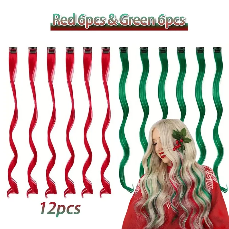 12-Piece Pack Women's 20-Inch Long Curly Clip-In Hair Extensions - Heat-Resistant Synthetic Fibers Red & Green Easy Application