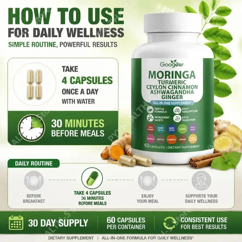 Googeer Moringa Zerdeçal Kapsülleri Ashwagandha Zencefil ve Seylan Tarçın ile Ortak Sağlık Desteği için Hepsi Bir Arada 60 Kapsül