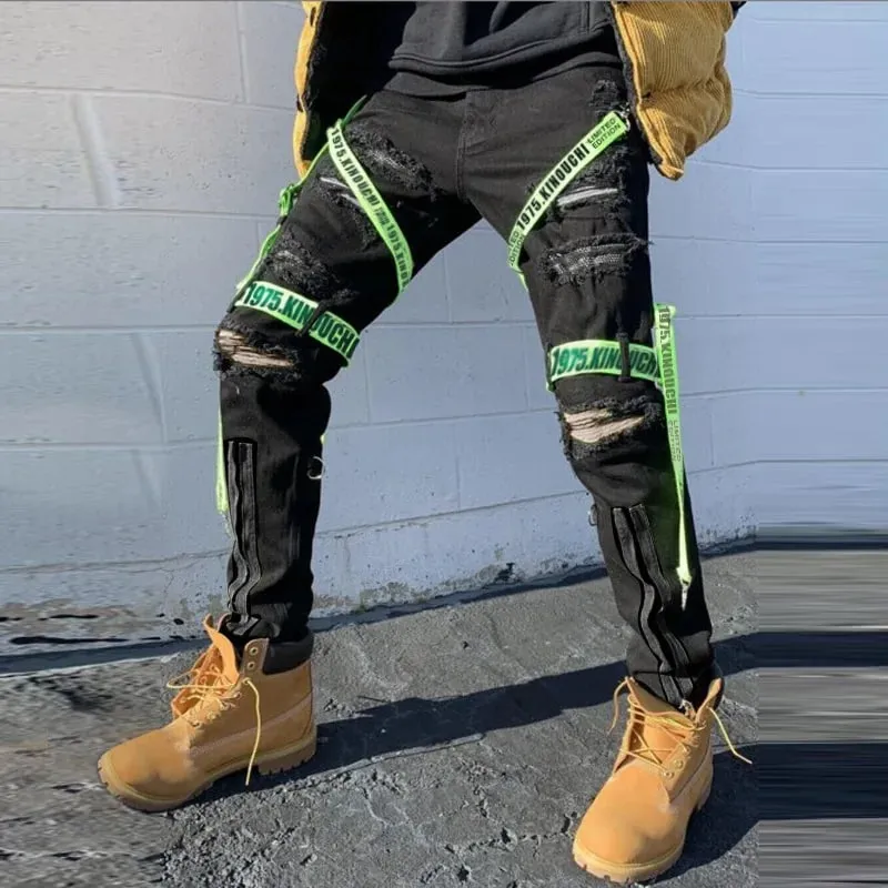 שחור רשת מטען ג'ינס גברים היפ הופ פאנק Goth Techwear אופנה גברים מכנסיים ג'ינס קרועים בסגנון מועדון לילה סקיני ג'ין גבר מכנסיים