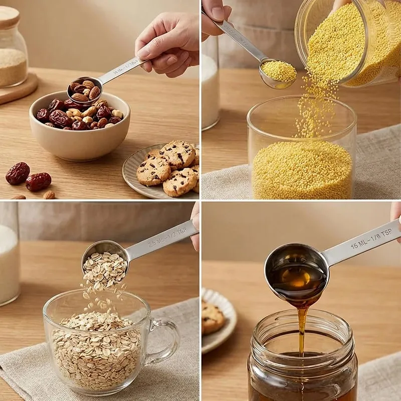 6 Pcs Stainless Steel Measuring Spoons 1/8 1/4 1/2 1 TSP 1/2 Tbsp 1 Tbsp Tablespoon with Metric and UK Measurements Table Spoon