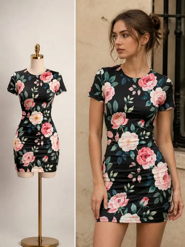 Womens Short Sleeve Bodycon Mini Dress Slim Fit Crew Neck Floral Print Casual Summer Party Cute Casual Weekend Vacation Sundress