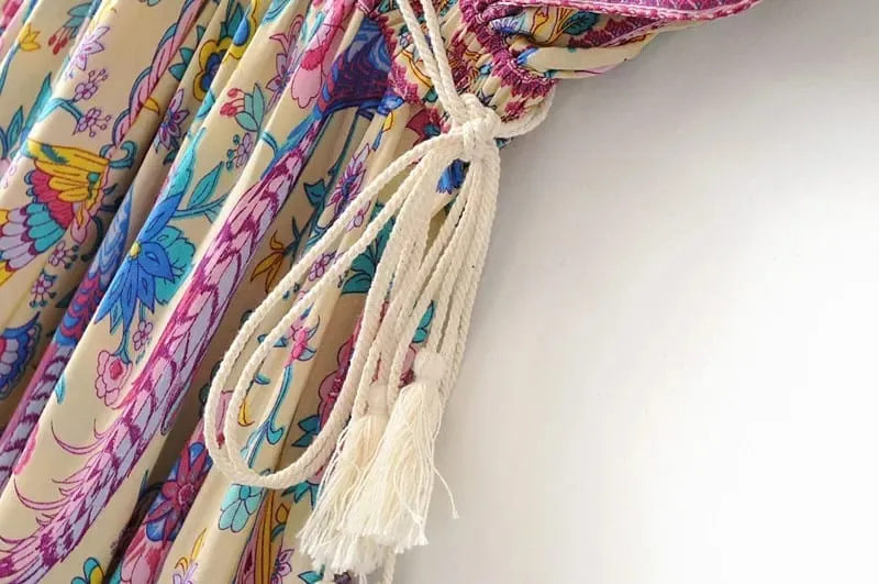 Boho Queens Wanita Merak Bunga Cetak Lengan Kelawar Pantai Bohemian Maxi Gaun Wanita V Leher Rumbai Gaun Musim Panas Vestidos