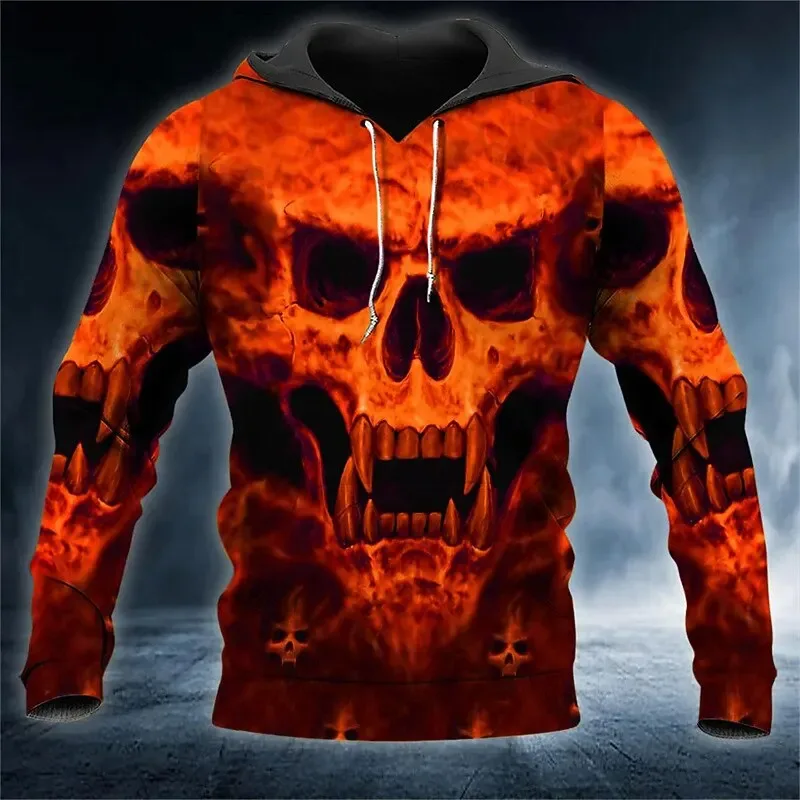 Men's Skull 3D Printed Hoodie, Halloween Horror Graphic Hooded Sweatshirt, Gothic Casual Streetwear Pullover Tops Men Clothing