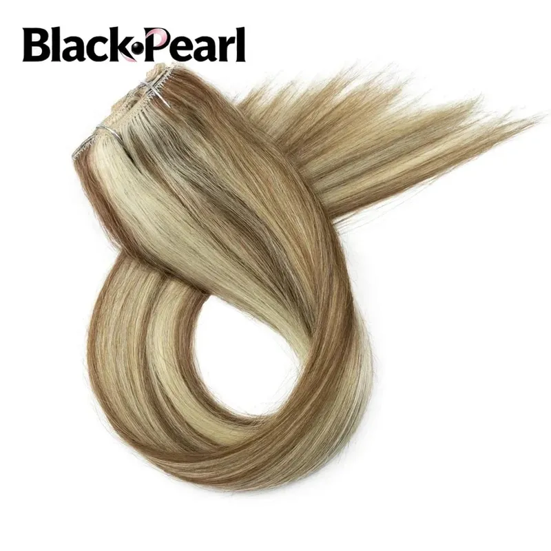 7PCS Double Weft Balayage Clip in Human Hair Extensions Light Brown to Bleach Blonde Ombre Remy Natural Straight Seamless for Wo