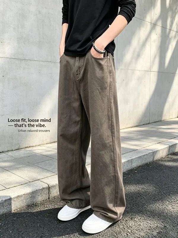 Baggy Jeans for Men Retro Style Solid White Loose Wide Leg Denim Trousers Men Casual Daily Streetwear Washed Men's Jeans Pants