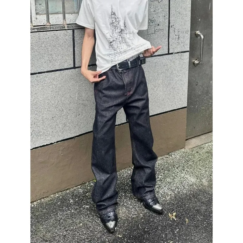 Men American Vintage Denim Red Stitch Raw Black Straight Micro Flare Jeans Slim Fit Fashion Casual Stretch Long Denim Trousers