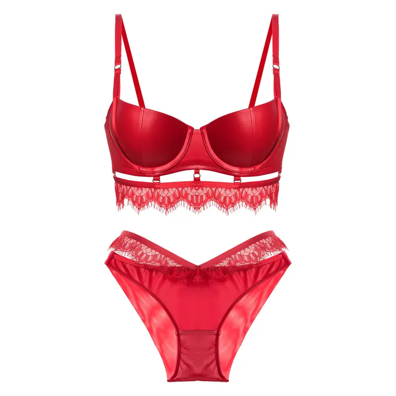 セクシーなプッシュアップブラセット光沢のあるレザーブラジャーとパンティセット下着パッド入りレース中空アウトツーピースランジェリーセット