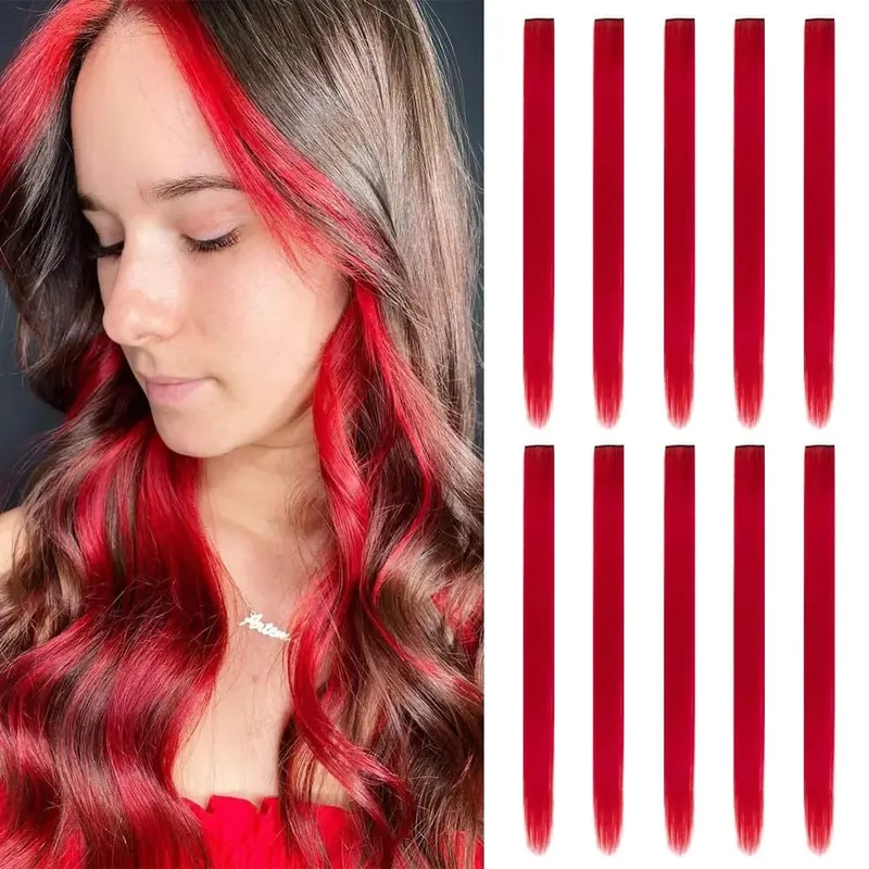10 PCS Sintetik 22 inci Sambungan Rambut Berwarna Potongan Rambut Lurus Warna-warni Sorotan Pesta Klip dalam Panjang untuk Kanak-kanak Perempuan Wanita