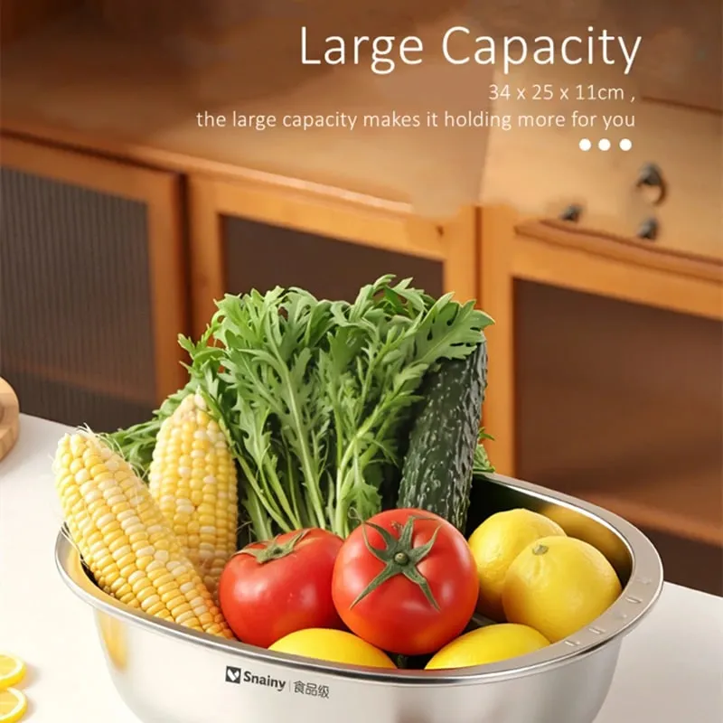 Ultrasonic Polishing Stainless Steel 2 in 1 Bowl and Colander Set Kitchen Fruit and Vegetable Efficient Washing Draing Gadgets