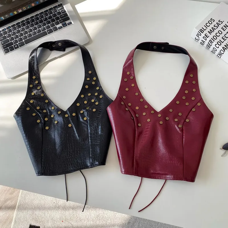 Halter Rivet Hotsweet Tops Women Lace Up Slim Texture Summer Clubwear Tank Top PU Leather Backless Sensual Retro Camis