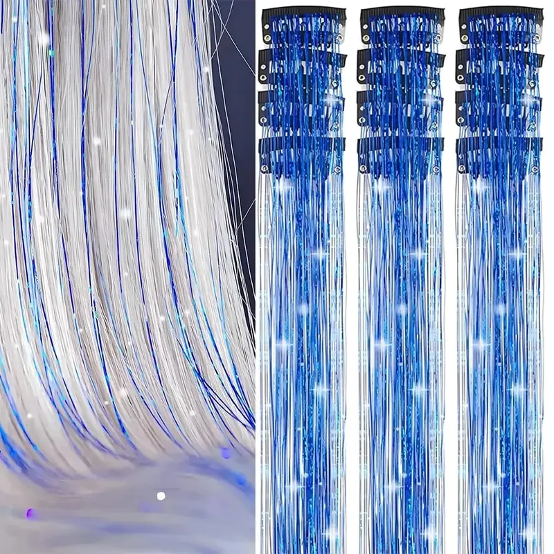 Hair Tinsel 12pcs Shiny Hair Metal Ribbon Clip Wig Piece Glitter Ribbon In Hair Party Focus Delicate Eye-Catching Gift Synthetic