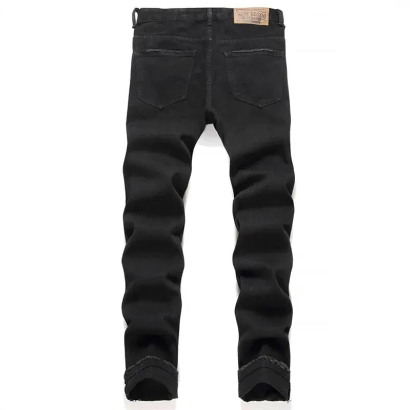 Autumn And Winter Retro Black Ripped Jeans Men'S Straight Leg Pants Pentagram Patch Casual Jeans Pants