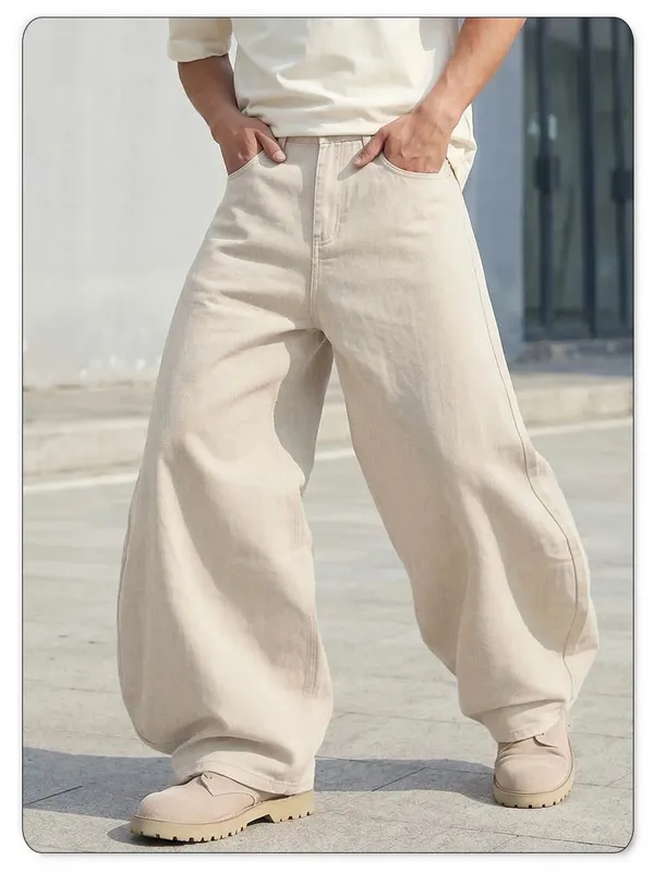 Men's American Beige Loose Wide Leg Jeans High Waisted Streetwear Hip-Hop Fashion Loose Denim Pants Y2K Retro Casual Pants