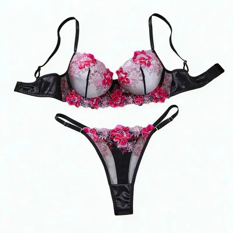Elegant Black Floral Embroidered Lace Lingerie Set Women Push Up Bra Thong Satin Mesh Romantic Intimate Underwear ZA825146