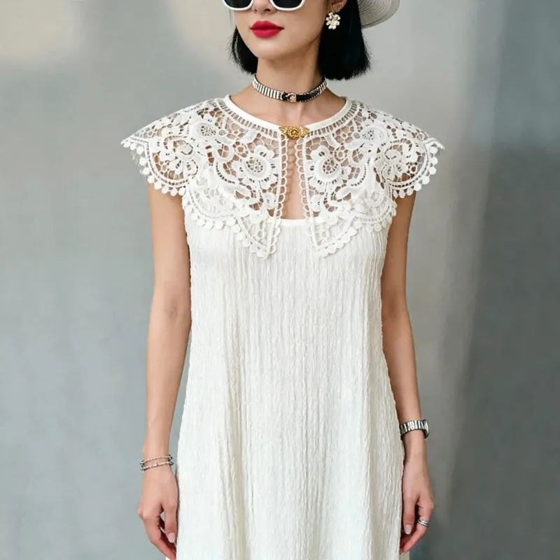 Pleated Sleeveless Elastic Long Dresses Women Vintage Palace Style Womens Black White Doll Fake Collar Soft Midi Dress Clothing