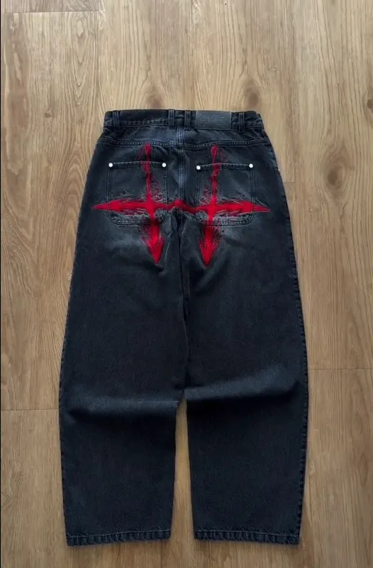 Y2K Vintage Loose Denim Pants Black Japan Cartoon Pattern Embroidered Jeans Women Wide Leg High Waist Streetwear Men Jeans — image 7