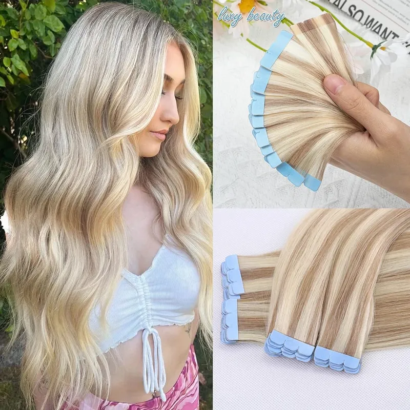 Blonde Mini-Tape-in-Haarverlängerungen, Echthaar, natürlich, glatt, schwarz, braun, doppelseitig, nahtlos, PU-Hautschuss-Tape-Ins, 10 Stück — image 15