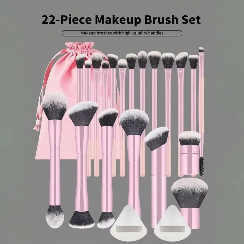 22-piece professional makeup tool set including a velvet storage bag 20 soft long aluminum tube brushes + 2 powder puff