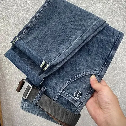 Embroidery Slant Pocket Jeans Men's Trendy Brand Embroidery Slim-fit Elastic Small Straight Blue Fashion Casual Trousers Men