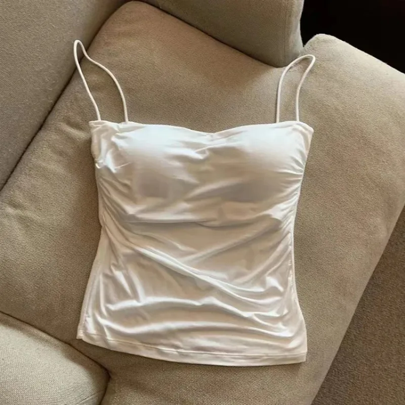 Summer Korean Women Spaghetti Strap Crop Top With Bra Bodycon Sleeveless Cami Tube Top Basic Camisoles Y2K Sexy Tank Tops