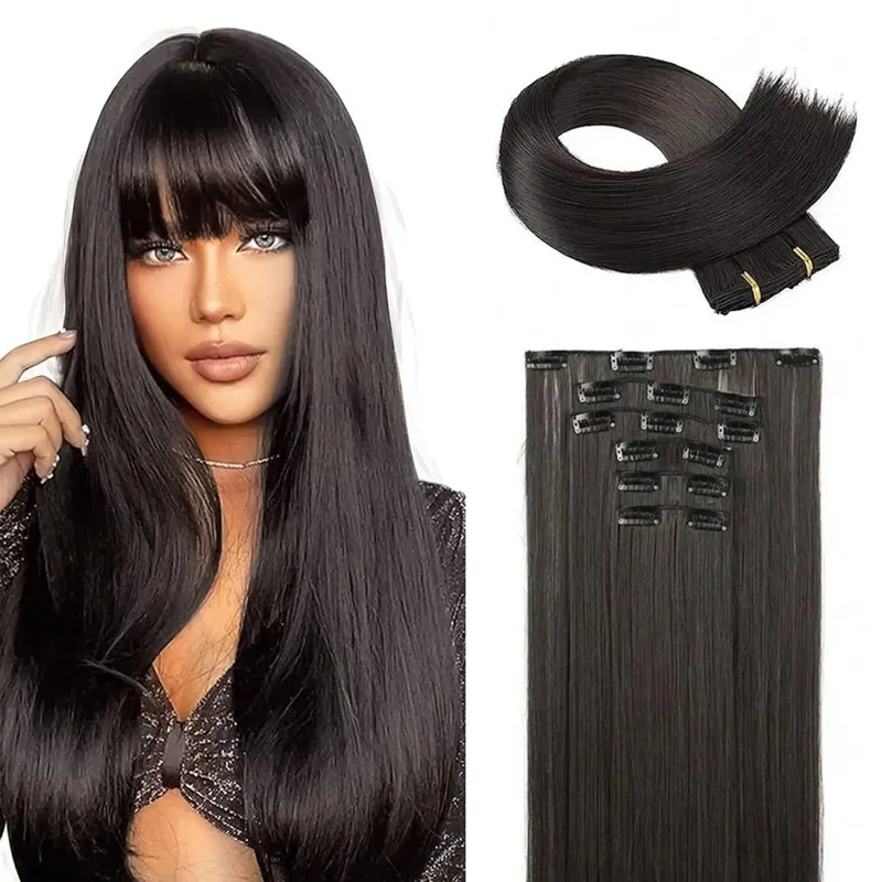 6Pcs Clip in Hair Extensions 24" Long Straight Heat Resistant Synthetic Clips on Hair Piece for Women Daily Wear