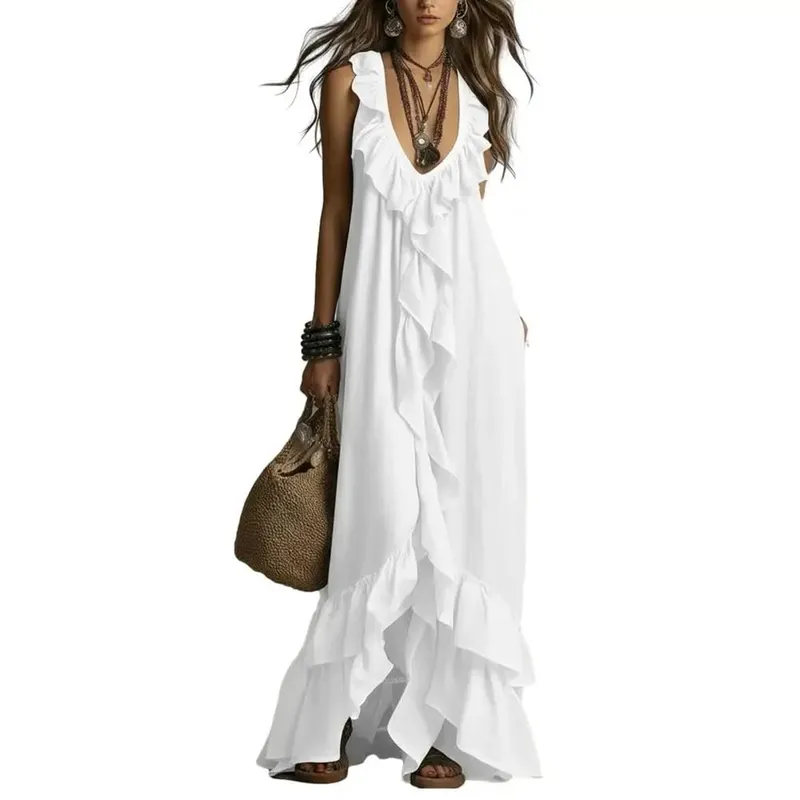 Boho Deep V Neck Sleeveless Dress Women Ruffle Swing Maxi Dress Summer Loose Solid Color Long Dresses