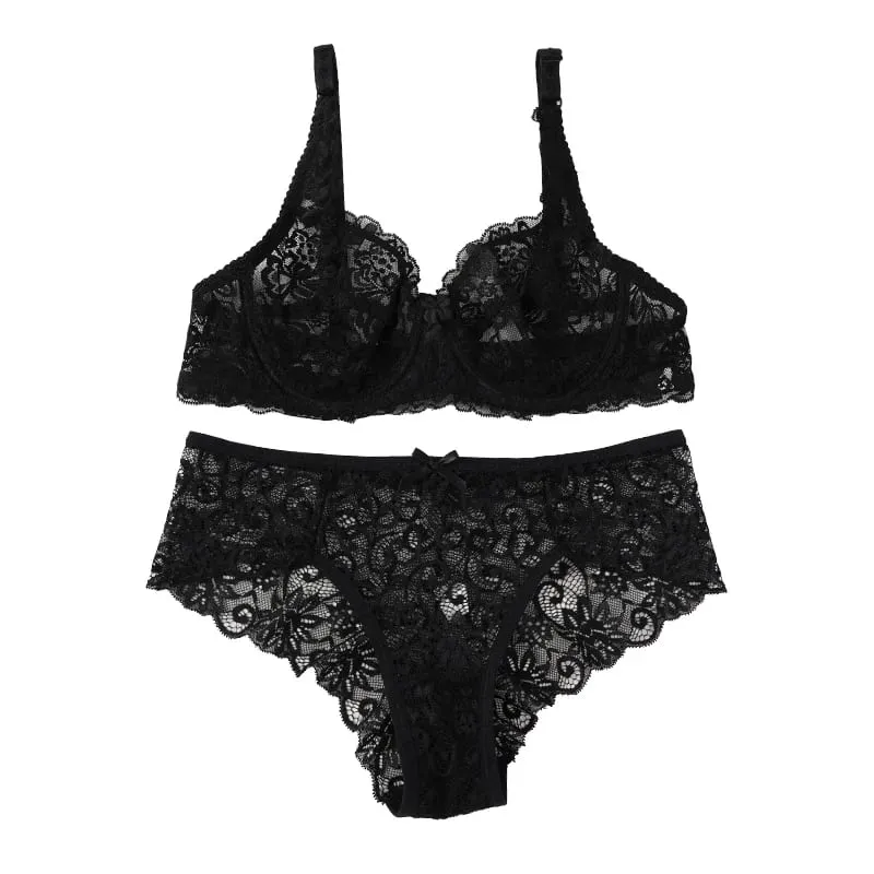 Sexy Lace Bra Set Women Push Up Non-pad Breathable Underwire Thin Solid Panties Underwear Exquisite Lingerie Daily