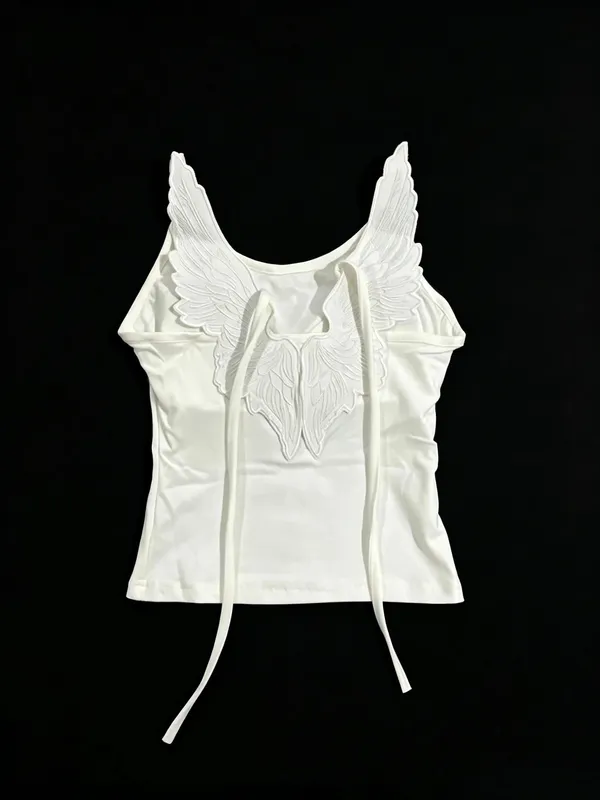 White Angle Wings Embroidered Camis Y2K Sexy Sleeveless Backless Bow-Tie Straps Slim Vest Woman Summer Tank Top