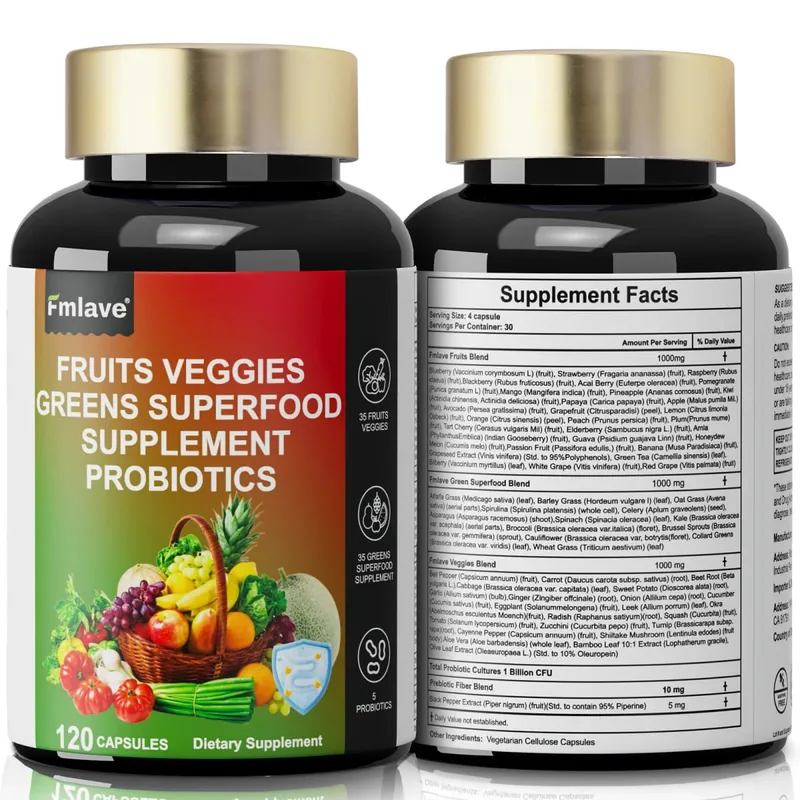 Fmlave Fruits and Veggies Supplement Reds & Green Superfood - Balance of Over 70 Fruit & Vegetable Supplements Capsules with Probiotics Prebiotics Digestive --120Caplules — image 4