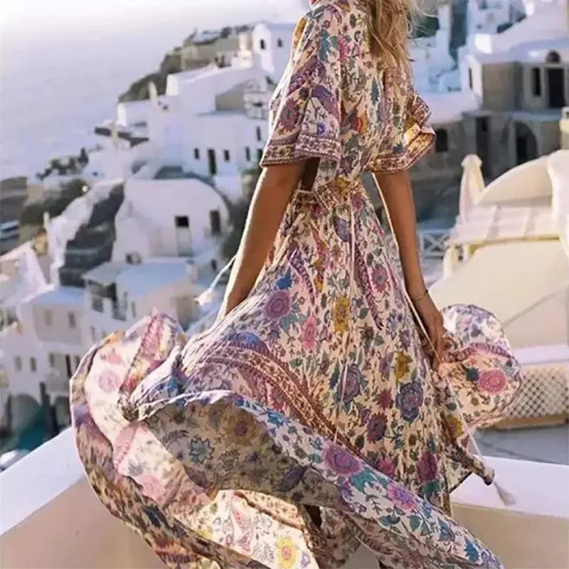 Boho Queens Wanita Merak Bunga Cetak Lengan Kelawar Pantai Bohemian Maxi Gaun Wanita V Leher Rumbai Gaun Musim Panas Vestidos