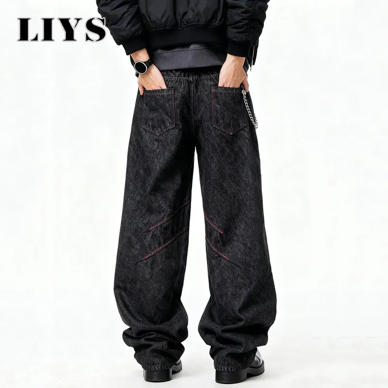 Four Seasons American Retro Men's Black Baggy Wide Leg Jeans Basic Business Casual Loose Denim Pants Unisex Street Jeans