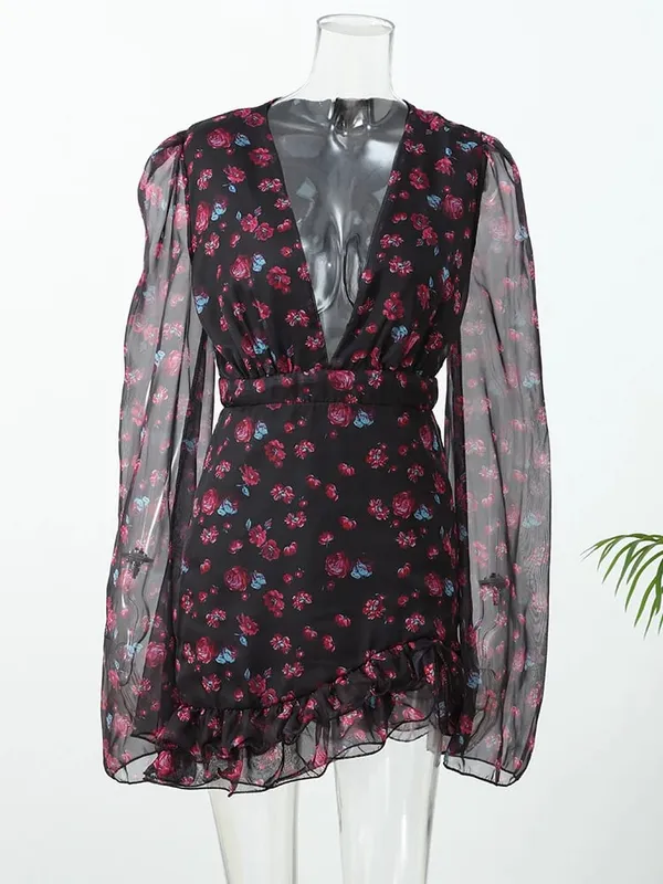 Women Chic Floral Print Deep V Neck Long Sleeved Waist Cinching Dress Layered Ruffle Hem Mini Dresses Elegant Party Daily Robes