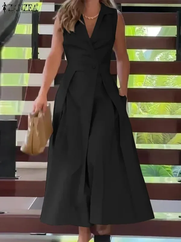 Pendlermode Midikjole Sommer Revershals Elegant Cinched Talje Plisseret Kjoler Kvinder Solid Farve A-line Vestidos