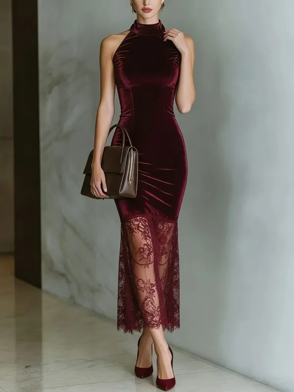 Women High Halter Neck Velvet Midi Dress Sleeveless Bodycon Mermaid Lace Hem Evening Party Formal Dress