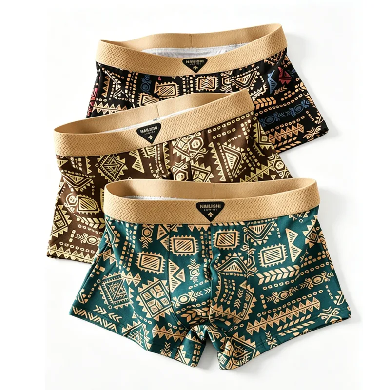 3 adet/takım moda erkek iç çamaşırı erkek Retro geometrik baskı Boxer külot yumuşak nefes orta bel iç çamaşırı rahat şort