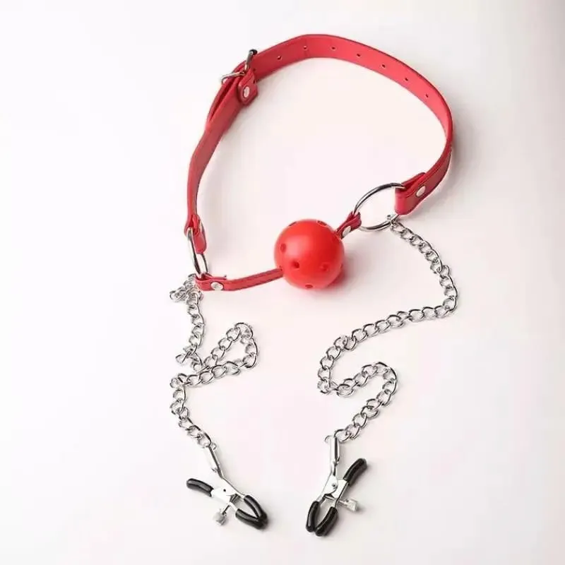 New Erotic Toy PU Leather Mouth Gag Ball Oral Sex With Chain Clip Breast Nipple Clamps Bondage Harness Sex Toys Adult Games