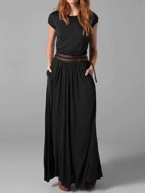 Femmes élégantes couleur unie col rond robe Maxi solide avec poches jupe longue robes à manches courtes bureau dame Maxi robes