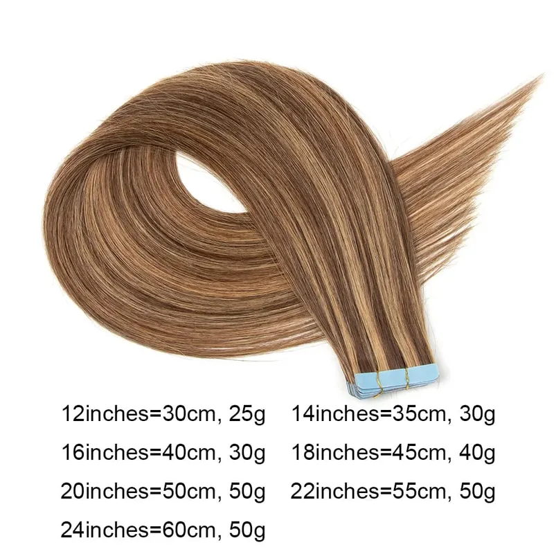 Fita balayage longa e reta em extensões de cabelo, cabelo humano real, sem costura, trama de pele, fita pu, cabelo natural, preto, marrom, loiro, 20 peças